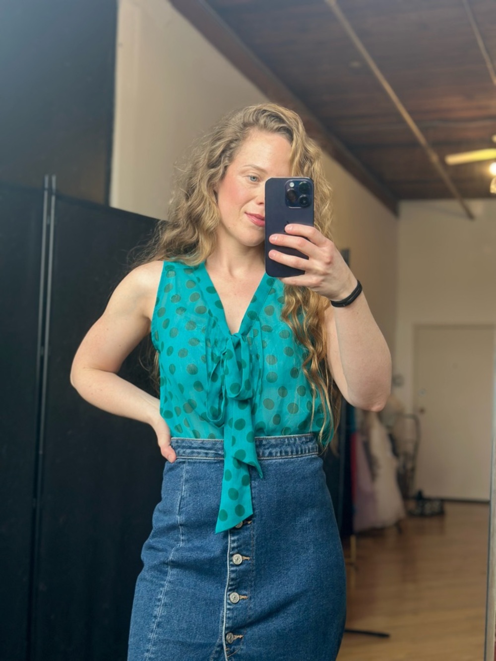 Xhilaration Teal Polka Dot Tie-Neck Camisole - Picture 6 of 7